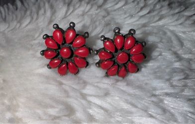 Vintage Bold Sterling & Coral Cluster Earrings, Navajo