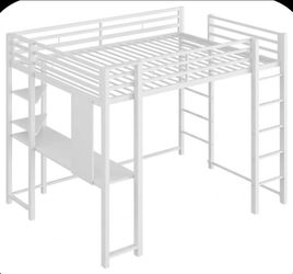 Loft Bed with Desk, Metal Loft Twin Size, 2 Built-in Ladders, with Safety Guard