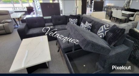✅️✅️4 pc black chenille fabric upholstered sectional sofa with USB pop up sleeper storage chaise✅️✅️