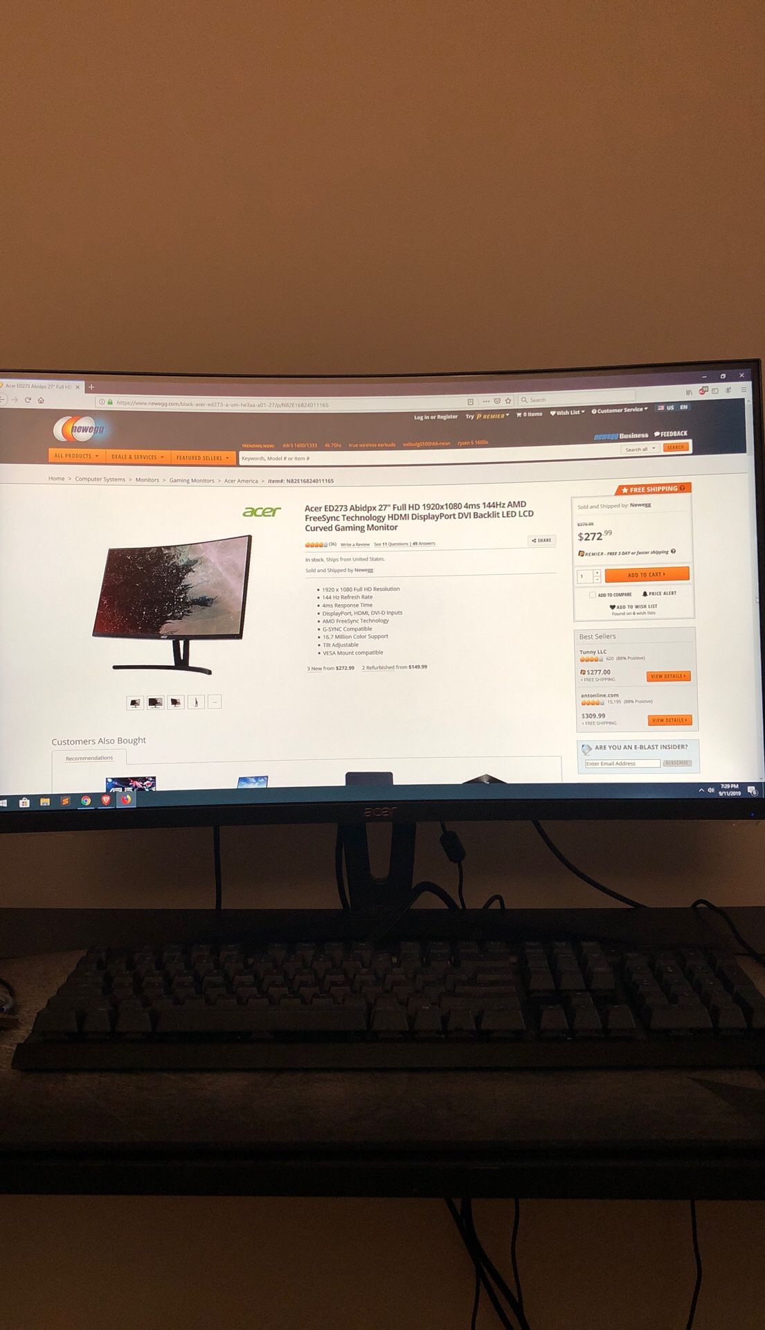27” acer 144hz curved screen monitor