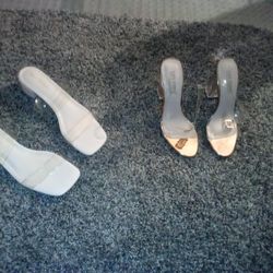 2 Pairs Of Ladies Clear Heels, and Clear Flats