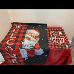 Red & Black Checkered Christmas Flag Set Santa hats Cloth gift bags Sign decor