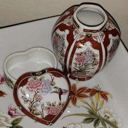 X3 VINTAGE HAND PAINTED PORCELAIN ORIENTAL JAPANESE CHINESE FLORAL FLOWER BIRD SPARROW VASE TRINKET JEWELRY BOX TRAY DISH