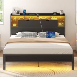 NEW - Full Size Bed Frame - LED, USB & Bookcase