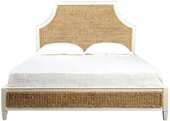 Kathy Kuo Home, Millet Coastal Beach Cream Mahogany Natural Woven Banana Leaf Bed-King,
