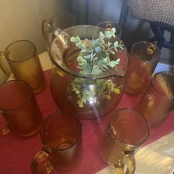 Amber Bubble Glass Pitcher w/8 Matching Mugs