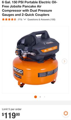 BRAND NEW 6 Gal. 150 PSI Portable Electric Oil-Free Jobsite Pancake Air Compressor with Dual Pressure Gauges and 2-Quick Couplers