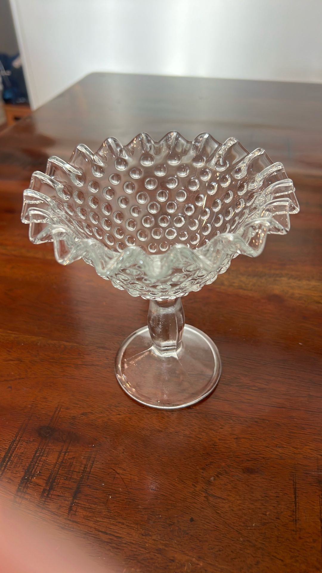 Zabkowice Glass Clear Hobnail Ruffle Edge 5.5" Pedestal Compote Candy Dish