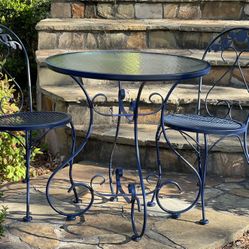 Vintage Wrought Iron Bistro Set, Navy Blue, Original Glass Top