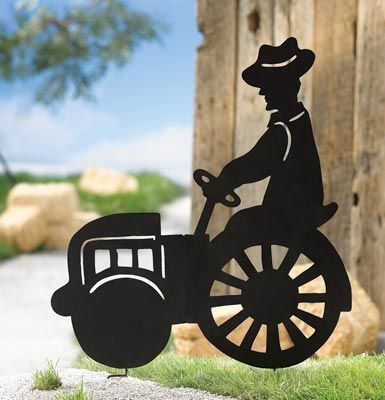 Farmer Riding Tractor Silhouette Metal Lawn Garden Yard Art Shadow Stake