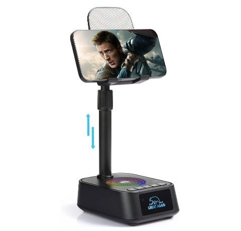 Phone Stand with Bluetooth Speaker, Adjustable Height Phone Holder with HD Stereo Sound Fits All Phones &Tablet, Unique Gifts for Dad Mom Christmas