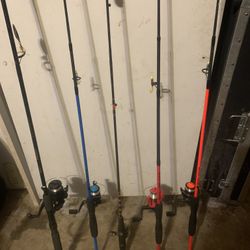 5 Fishing Rods Poles Reels 