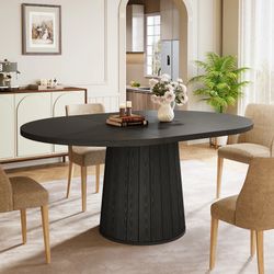 Wood 6-Person Dining Table with Polygonal Cylinder Wooden Base - 55.11"L x 39.37"W x 29.92"H - Black