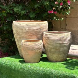 Large set of 3 Handmade Etched Terracotta Outdoor Pots, Vietnamese Pottery Antique Finish