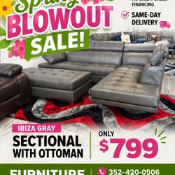 FAST SHIPPING 🚚 NO CREDIT CHECK 💰 ONLY $799 IBIZA GRAY SECTIONAL AND OTTOMAN SET 