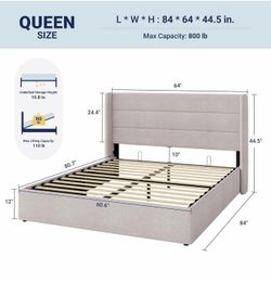 Allewie Queen Size Lift Up Storage Bed, Modern Wingback Headboard, Hydraulic Support, No Box Spring Needed, Light Beige