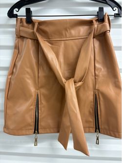 Women's Tan Solid Faux Leather Mini Skirt Short Zipper Tie Belted Straight M