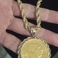 14 K Chain.87.7 Gram..25 In. Pendant Big Coin  24 K Pendant 14 K