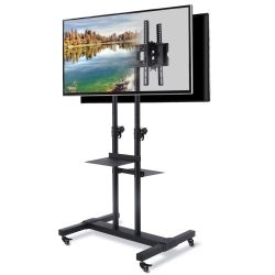 (Dual Monitor/TV) Modern Black Large Heavy Duty Mobile TV Stand Rolling TV Cart for 40 to 90 inch Black Dual Metal Shelf