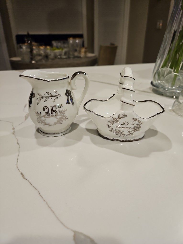 Small 25th Anniversary China Basket And Pitcher