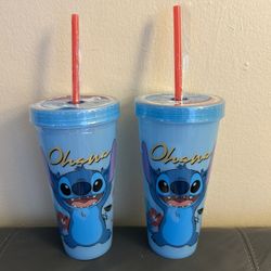 Disney Stitch Blue "Ohana" tumbler w Straw/reusable ice cubes color changing  2pcs