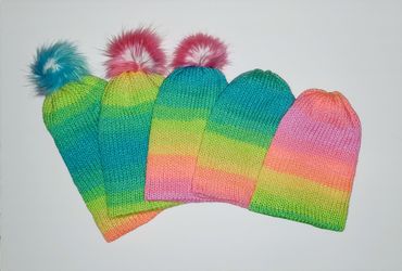 Rainbow Adult Fitted Beanie, Red Heart Retro Stripes Yarn