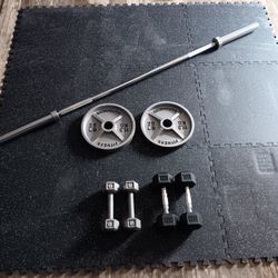 New Olympic Barbell With 25lb Deep Dish Plates & Dumbbells 