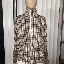 Zara Houndstooth Warm Up Jacket 100% Polyester Men’s Tan White Sz M