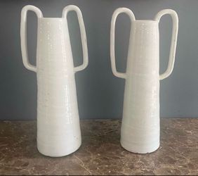 Tall White Ceramic Glazed Vases - Pair