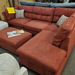 Brand New Red Velvet Like Sectional Sofa +Storage Ottoman (New In Box) 