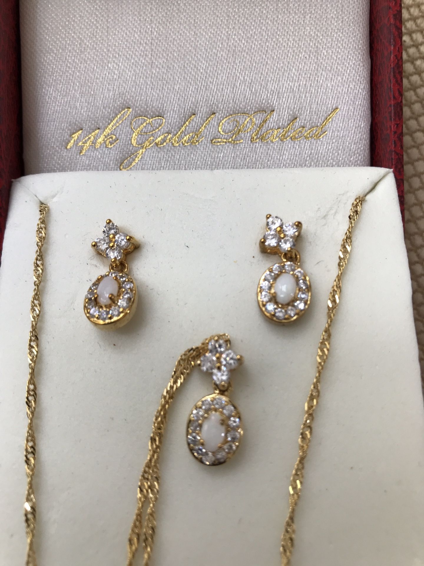 Gold Coast 14K Gold Plated Opal Rhinestone Earrings Necklace Set