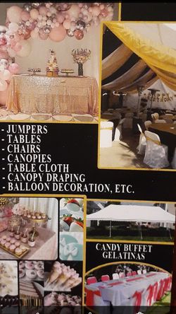 RENTA D BRINKOLIN MESAS Y SILLAS CARPAS CON DRAPING PAQUET MANTELERIA BAÑOS