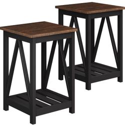 ChooChoo Farmhouse End Table, Rustic Vintage End Side Table with Storage Shelf for Small Spaces, Nightstand Sofa Table for Living Room, Bedroom Black 