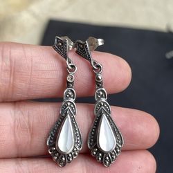 925 Sterling Silver - DESIGNER SU Pearl And Marcasite Dangle Post Earrings