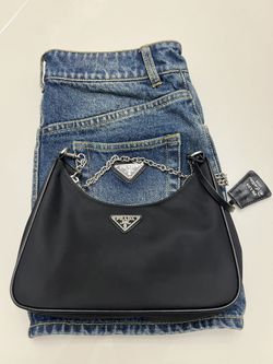 Authentic Prada Designer Set — Nylon Bag + Denim Mini Skirt