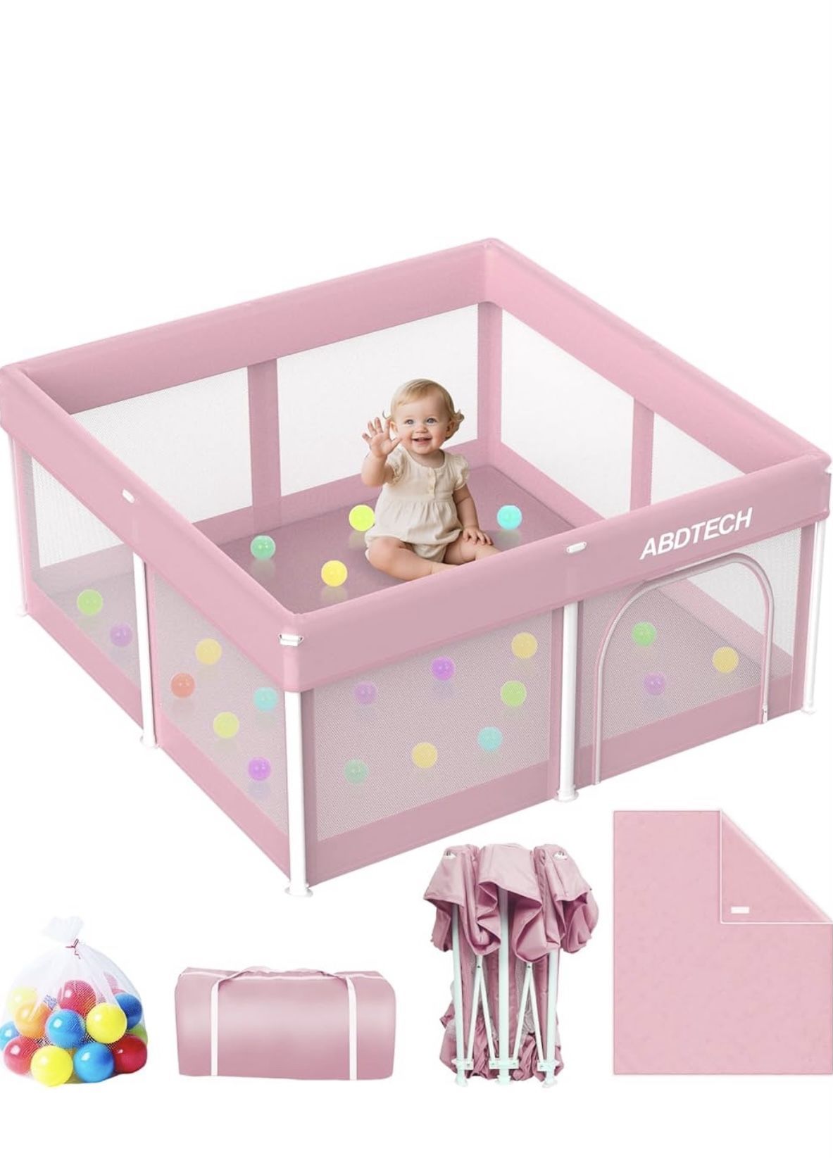 Collapsible Playpen Quick Setup 50x50 inch with Mat - Play Area with 30 Balls