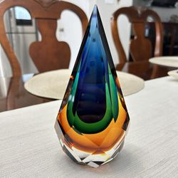 Alessandro Mandruzzato Murano Glass Sommerso Faceted Teardrop Paperweight 7”