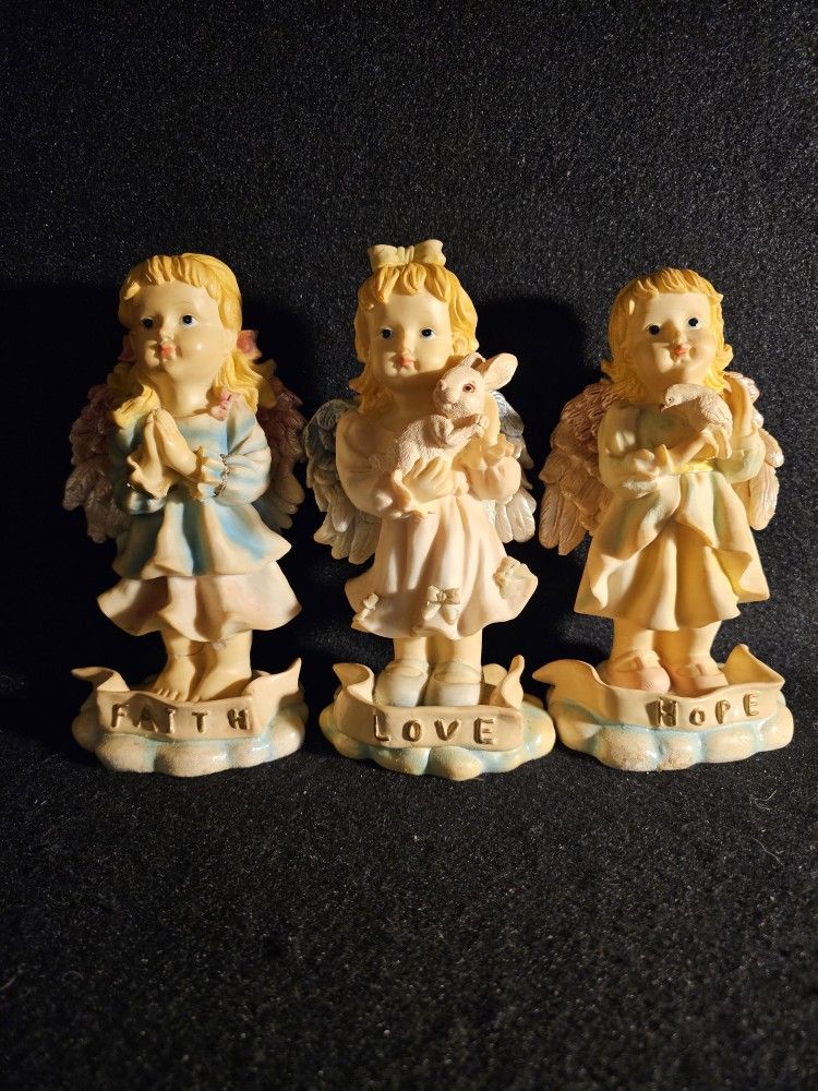 Set of 3 Vintage 9" Resin (DWK 2003) Guardian Angel Figurines Representing Faith, Hope, & Love.