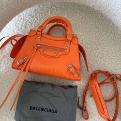 BALENCIAGA Authentic Orange Croc Mini Neo Classic Top Handle Bag