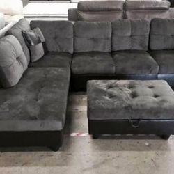 Gray Microfiber Sectional Couch And Ottoman