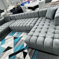 Velvet Grey Sectional 💥 Only $54 Down Payment ✅