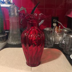 Fenton Ruby Red Handcrafted Blown Glass Vase 10 5/8 High & 5 3/8 Wide 