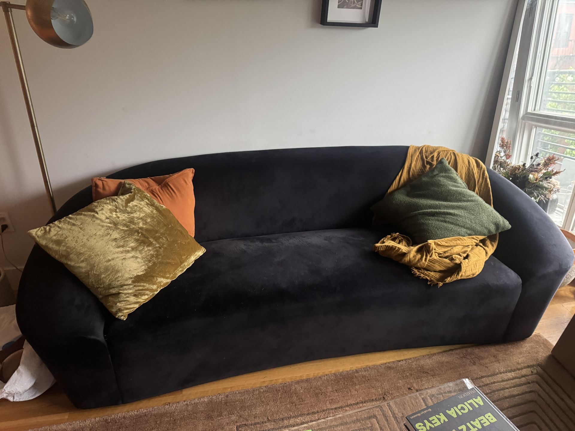91” Black Velvet Sofa