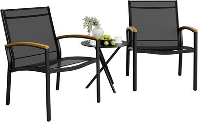 3 Pieces Patio Bistro Sets, Outdoor Textilene Fabric Conversation Bistro Set, Textilene Fabric Front Porch Chairs Small Patio Furniture Set with Table