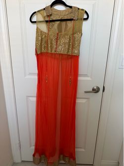 Size Medium Persimmon Orange and gold embroidered dress with rhinestones embellishment