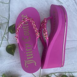 Juicy Couture Y2K  NWT Size 7 Platform Sandals Wedge Heel Flipflip Flip Flop Hot Pink Aesthetic 