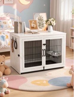 43” Wooden Dog Crate Furniture with 360°Rotatable Removable Dog Bowls, Dog Crate End Table with Tray, Double Doors Dog Kennels for XLarge Dogs