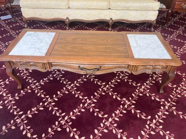 Vintage Solid Wood Coffee Table With Marble Inserts