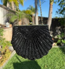 New- 5” Black Beaded Handbag Shell Shape Purse Bag Evening Bag