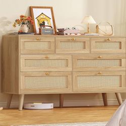 47.2''Wide 7 Drawer Rattan Dresser, Boho Dresser for Bedroom, Chest of Drawers, Closet Organizer, Natural Wood Dressers Chest for Bedroom, 